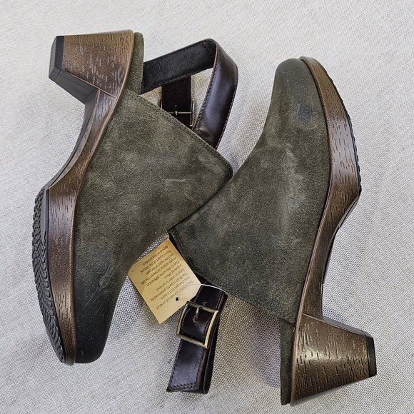 New NAOT Brushed Olive Suede Slingback Clogs 44131 Women's Size 37 Wooden Heel - Picture 3 of 11
